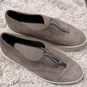 VINCE Grey Leather Platform Slip-On Sneakers